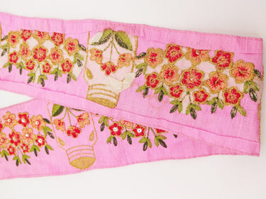 Pink Art Silk Trim With Floral Embroidery & Sequins, Red, Green And Gold Flower Embroidered Trim